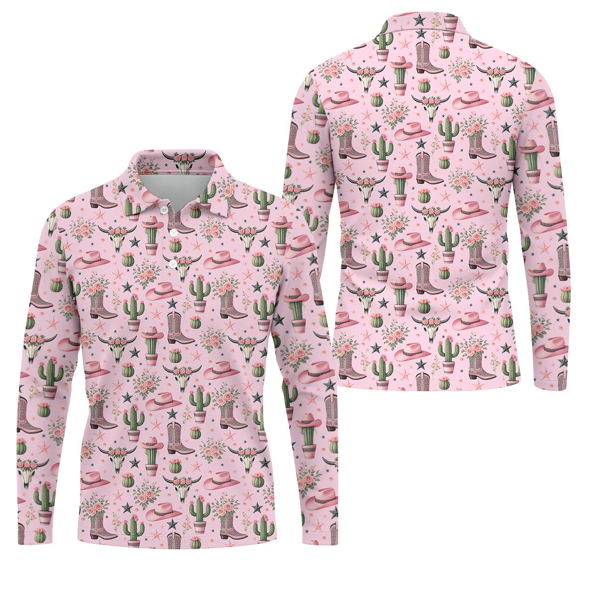 Pink Western Boots Roses Cactus Pattern Hawaiian Golf Shirt, Printed Golf Shirts, Mens Golf Apparel