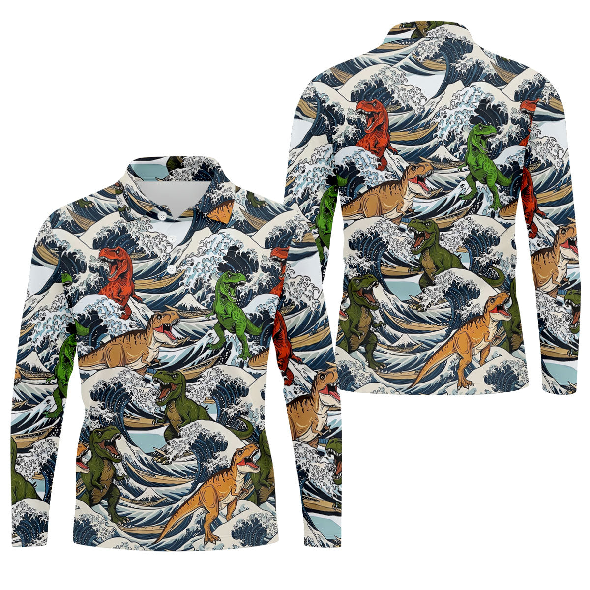 T Rex Surfing Great Wave Golf Polo Shirt, Men's Golf Shirt, Printed Golf Shirts