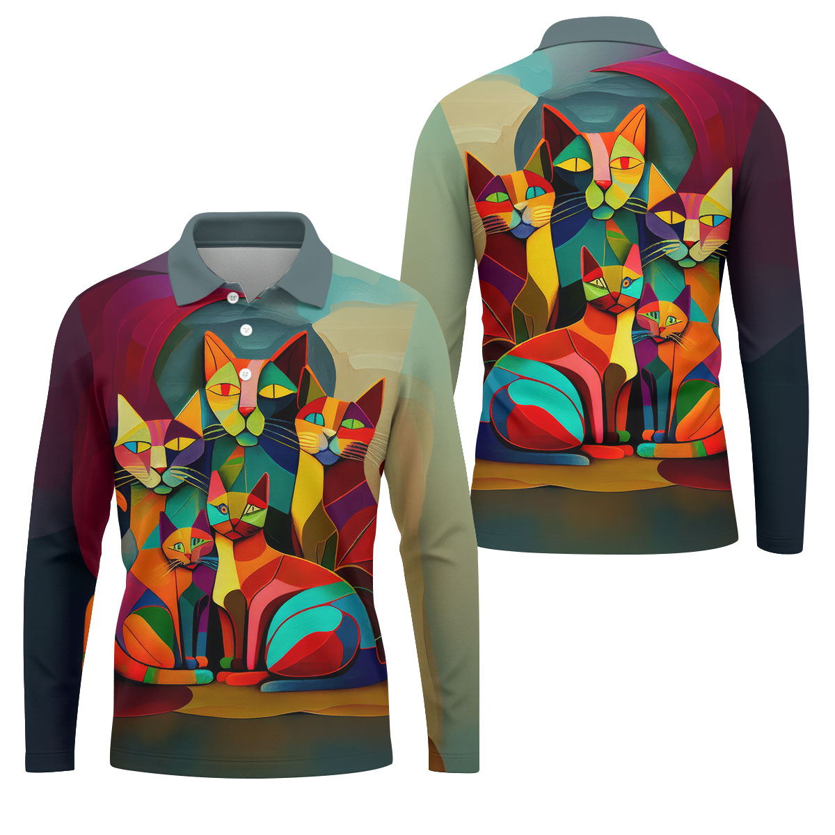 Abstract Colorful Cat Halloween Golf Polo Shirt, Men's Golf Shirt, Hawaiian Golf Shirt
