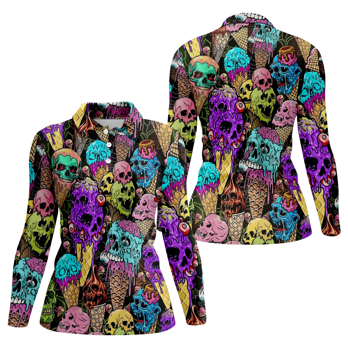 Melting Skull Ice Cream Halloween Golf Shirt, Golf Shirts For Women, Women's Golf Apparel