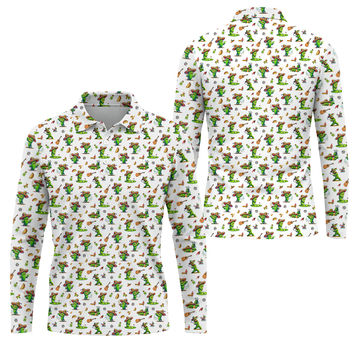 Cartoon Mustach Funny Cactus Cinco De Mayo Celebration Fiesta Themed White Golf Shirts For Men