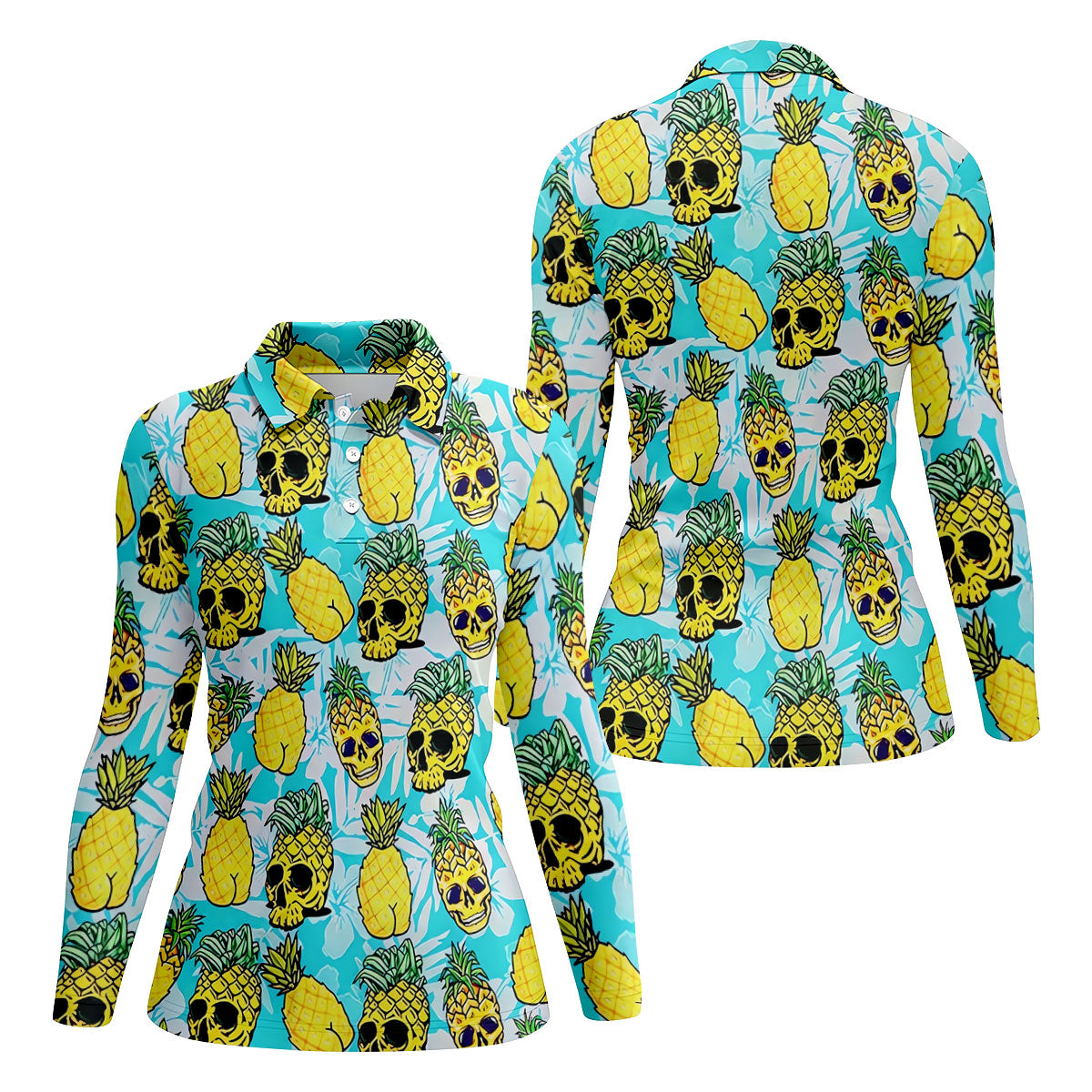 Tropical Pineapple Skull Pattern Golf Shirt, Women’s Golf Polo, Hawaiian Golf Shirt, Ladies Golf Shirts