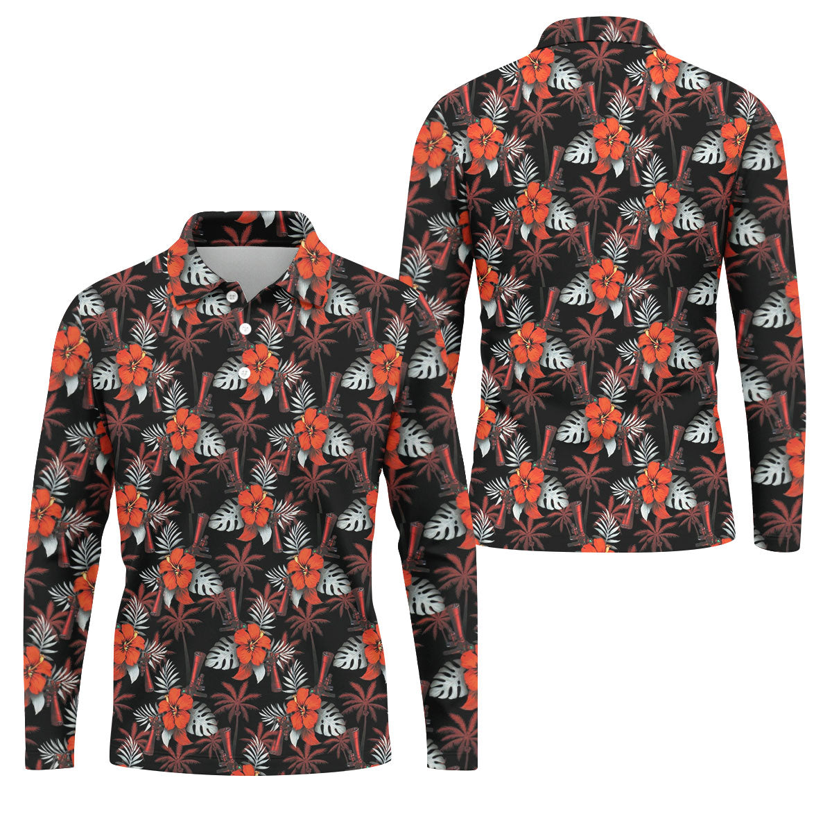 Orange Hibiscus Black Hawaiian Golf Shirt, Summer Vibe Golf Shirts For Men