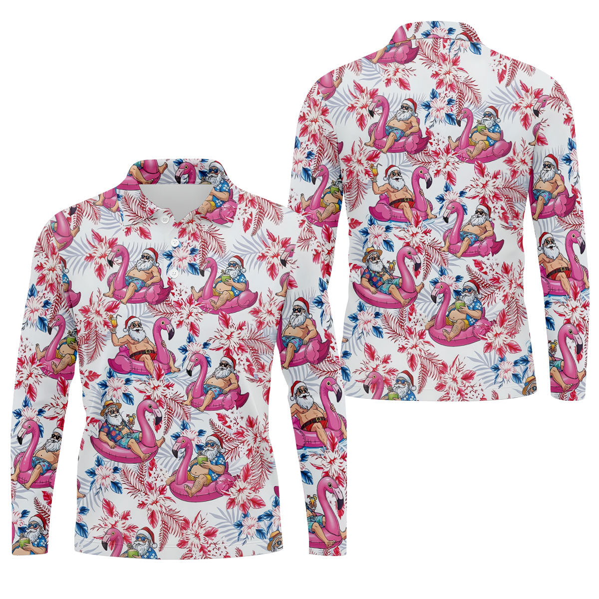 Funny Tropical Santa Flamingo Christmas Polo Shirt, Mens Golf Polo, Hawaiian Golf Shirt