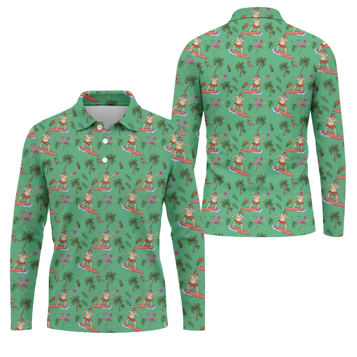 Santa Surfing Flamingo Tropical Golf Shirt, Christmas Golf Shirt, Golf Apparel For Men