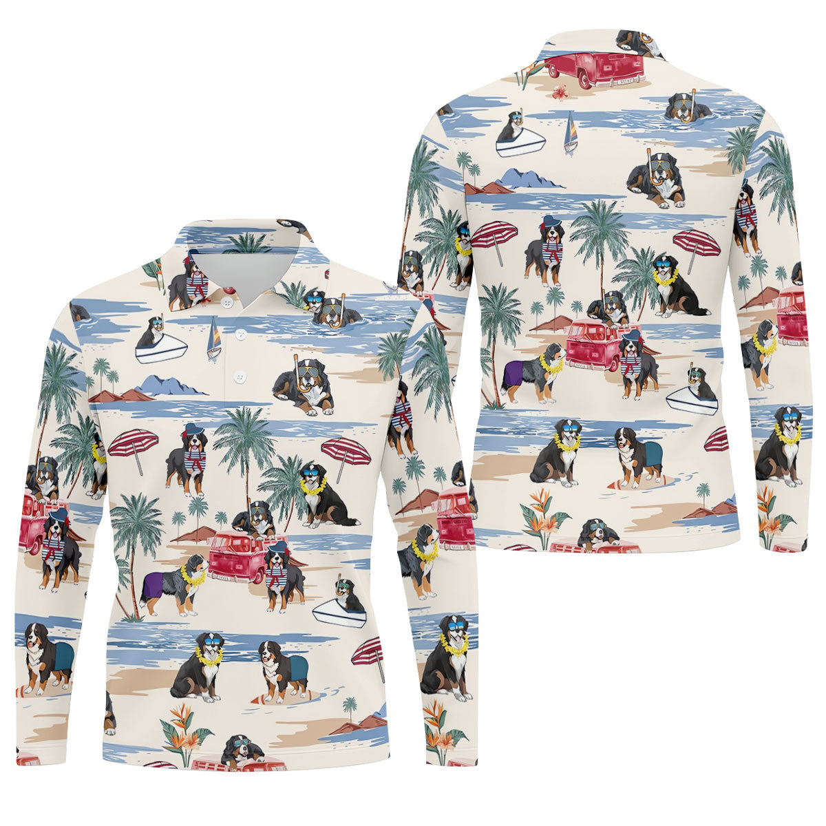 Tropical Bernese Mountain Dog Beach Hawaiian Golf Polo Shirt, Printed Golf Shirts, Golf Apparel For Men