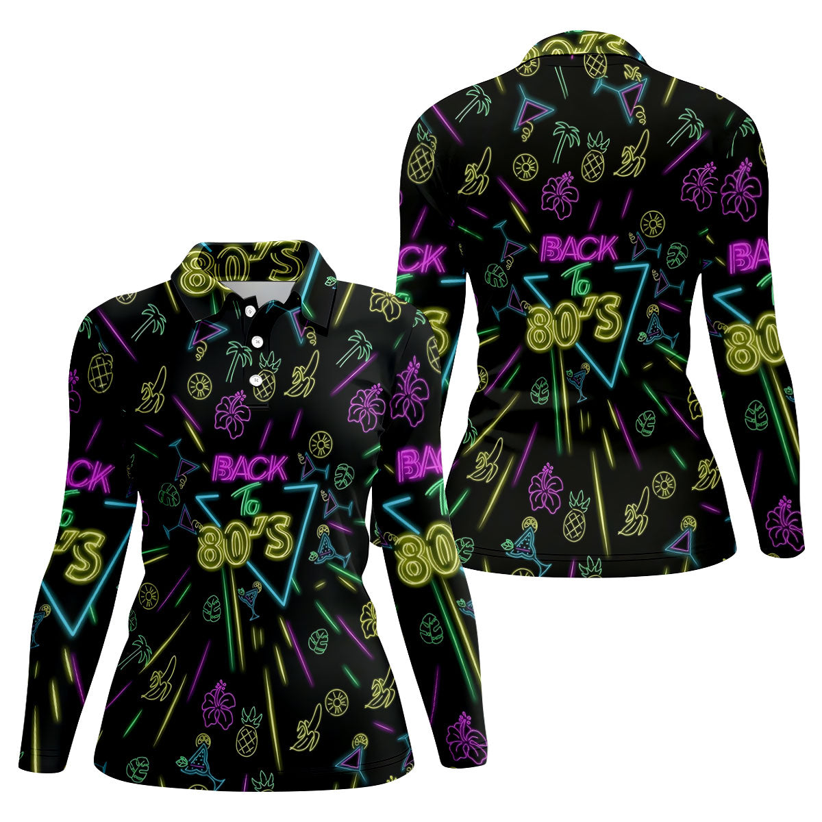 Back To 80's Neon Pattern Hawaiian Golf Shirt, Tropical Vibe Golf Shirt For Women