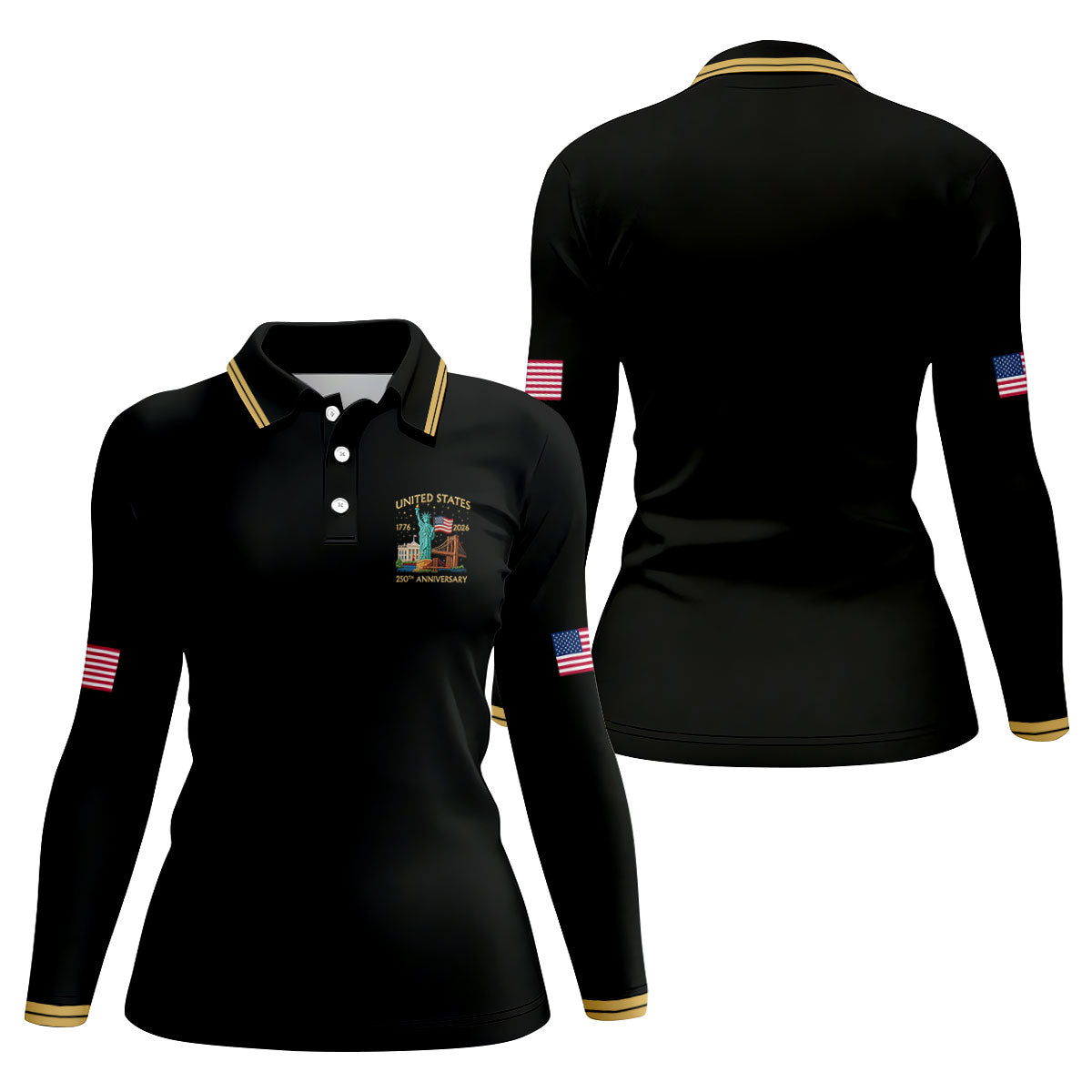 American Symbols Black Patriotic Golf Shirt, US 250 Years 4th Of July Golf Shirt For Women