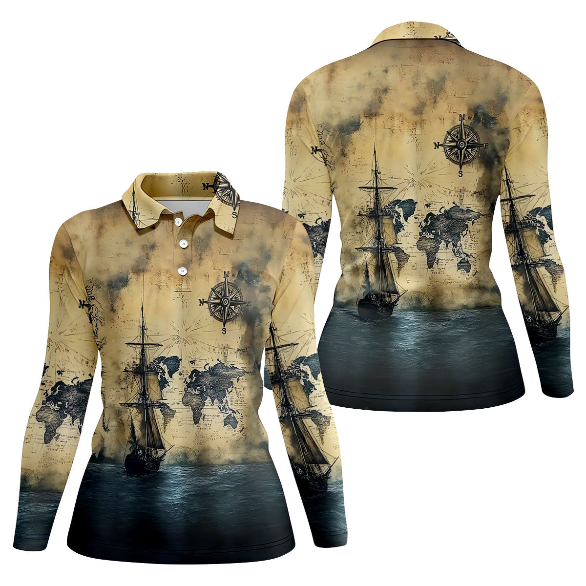 Vintage Ship Map Compass Ocean Golf Shirt, Golf Tops For Women, Women’s Golf Apparel