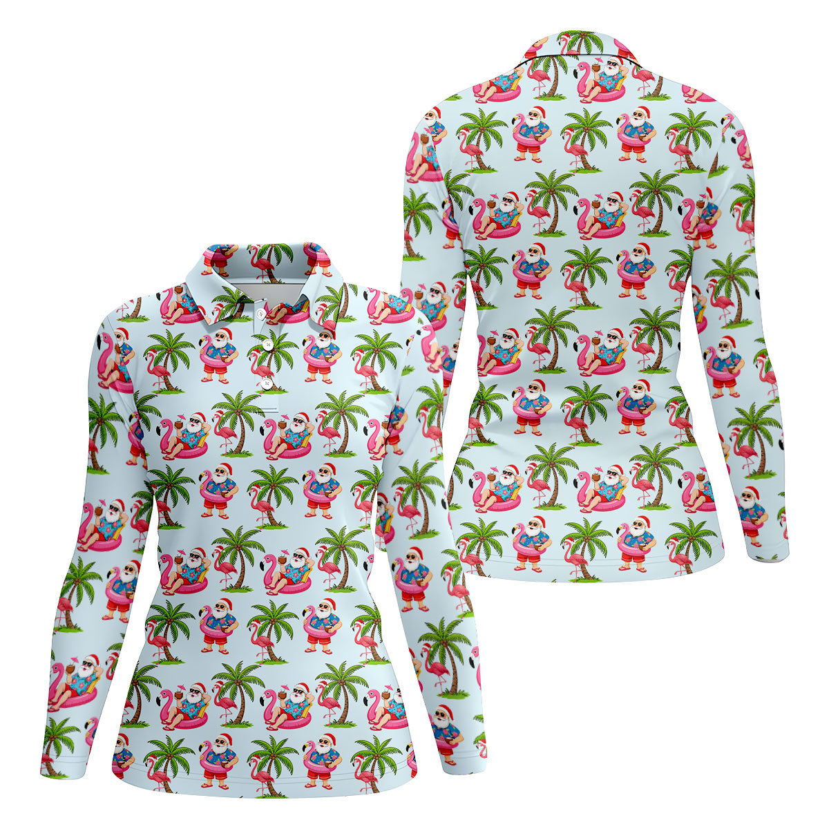 Flamingo Float Santa Christmas Golf Shirt, Women's Golf Tops, Hawaiian Golf Shirt, Golf Shirts For Women