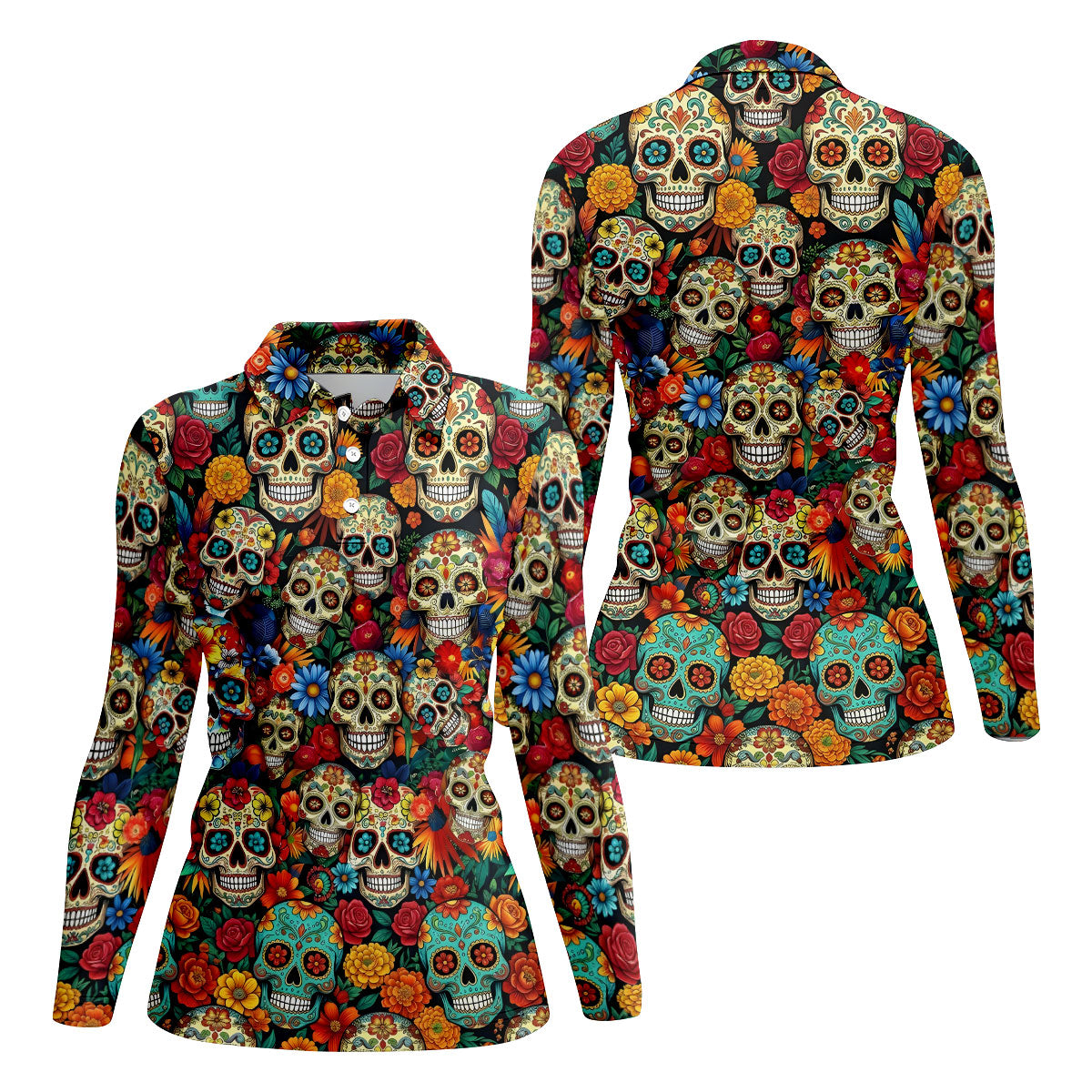 Decorated Skulls Cinco De Mayo Celebration Fiesta Themed Floral Pattern Golf Shirt For Women