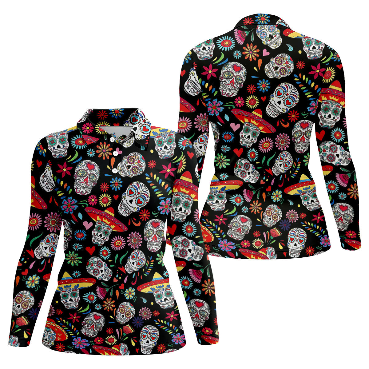 Day Of The Dead FLoral Sugar Skull Cinco De Mayo Celebration Fiesta Themed Golf Shirt For Women