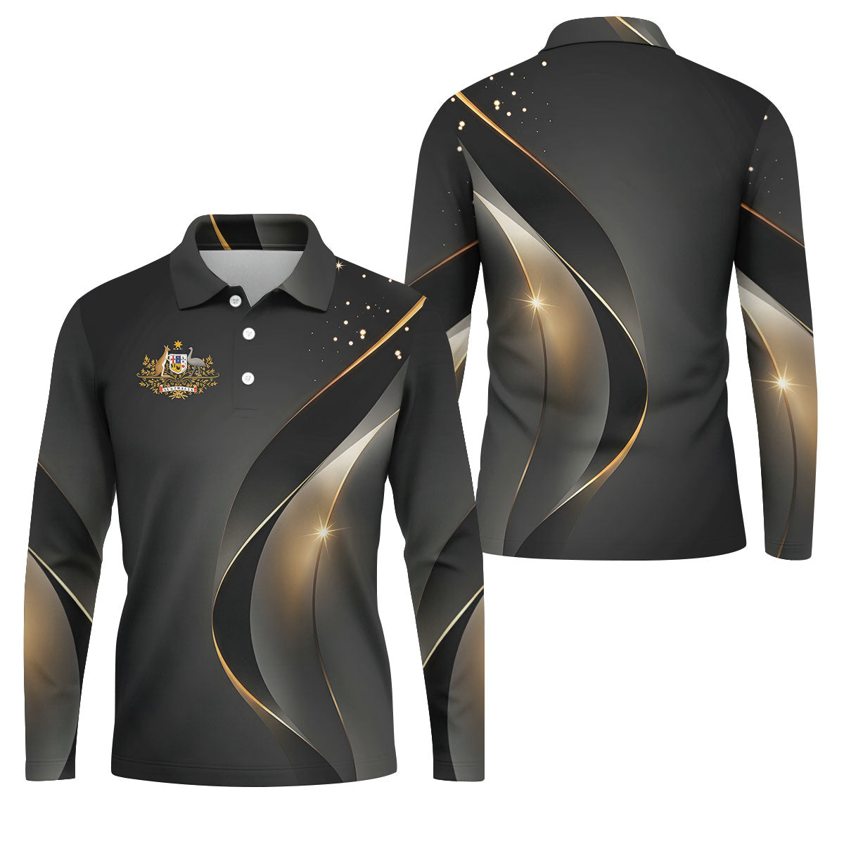 Australian Coat Of Arms Black And Gold Gradient Golf Tops For Men, Polo Shirts For Men