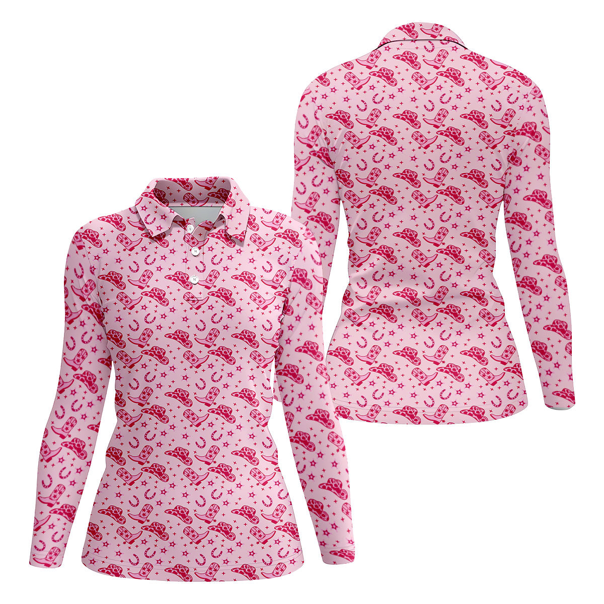 Pink Cowgirl Boots Hat Pattern Hawaiian Golf Shirt, Golf Polo For Women, Women’s Golf Apparel