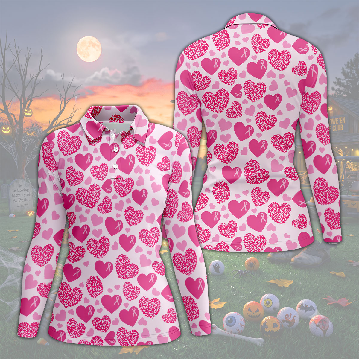 Pink Ribbon Heart Pattern Breast Cancer Polo Shirt, Women’s Golf Polo, Ladies Golf Shirts