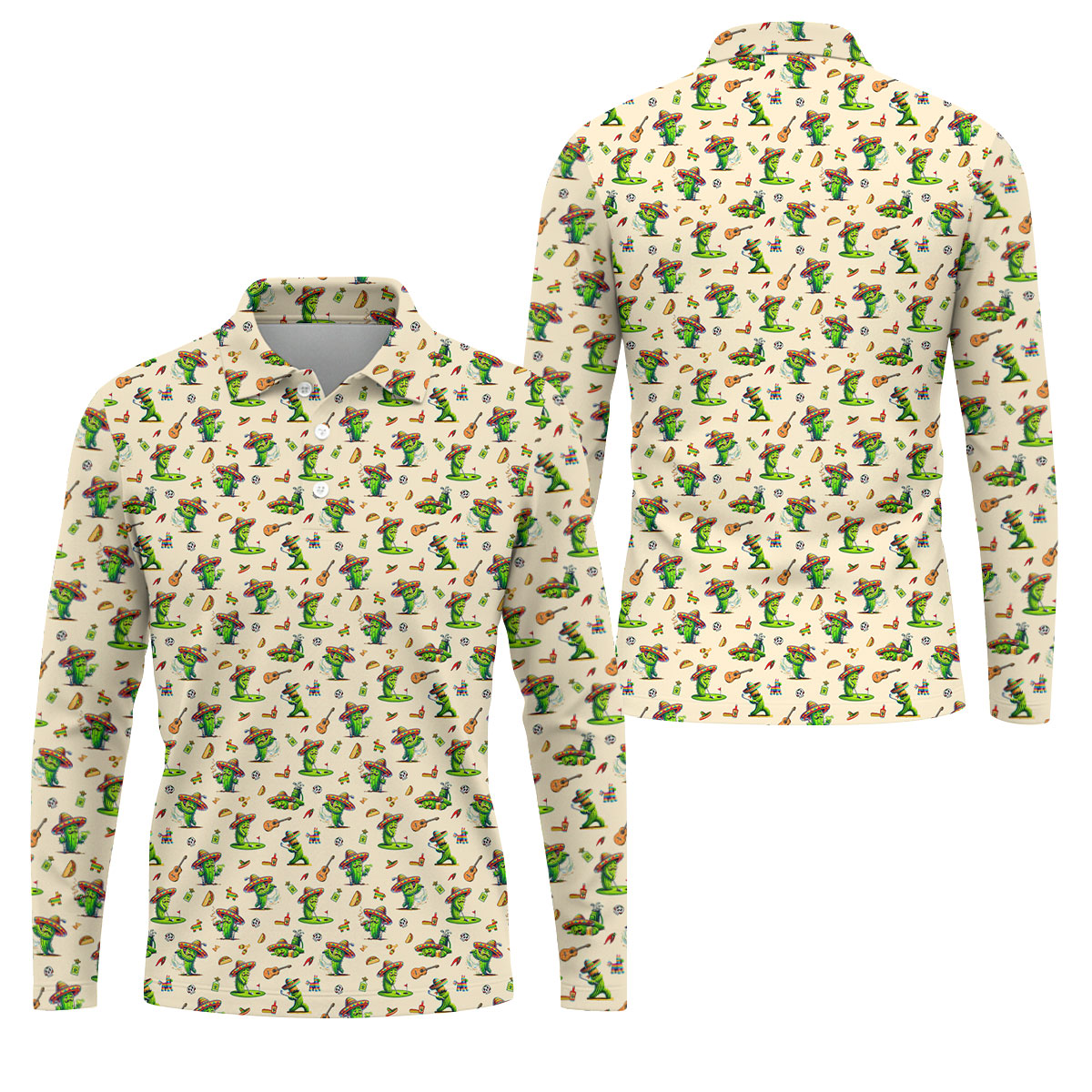 Cartoon Mustach Funny Cactus Cinco De Mayo Celebration Fiesta Themed Beige Golf Shirts For Men
