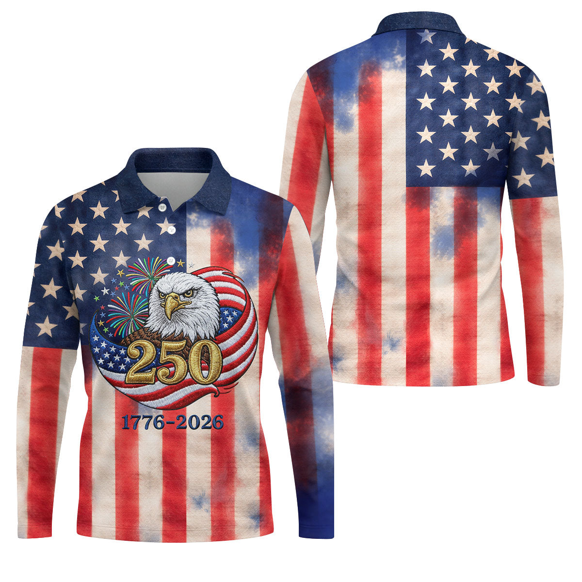 250 Years Bald Eagle US Flag Faded Color Retro Golf Shirt, Patriotic 4th Of July Golf Shirts For Men