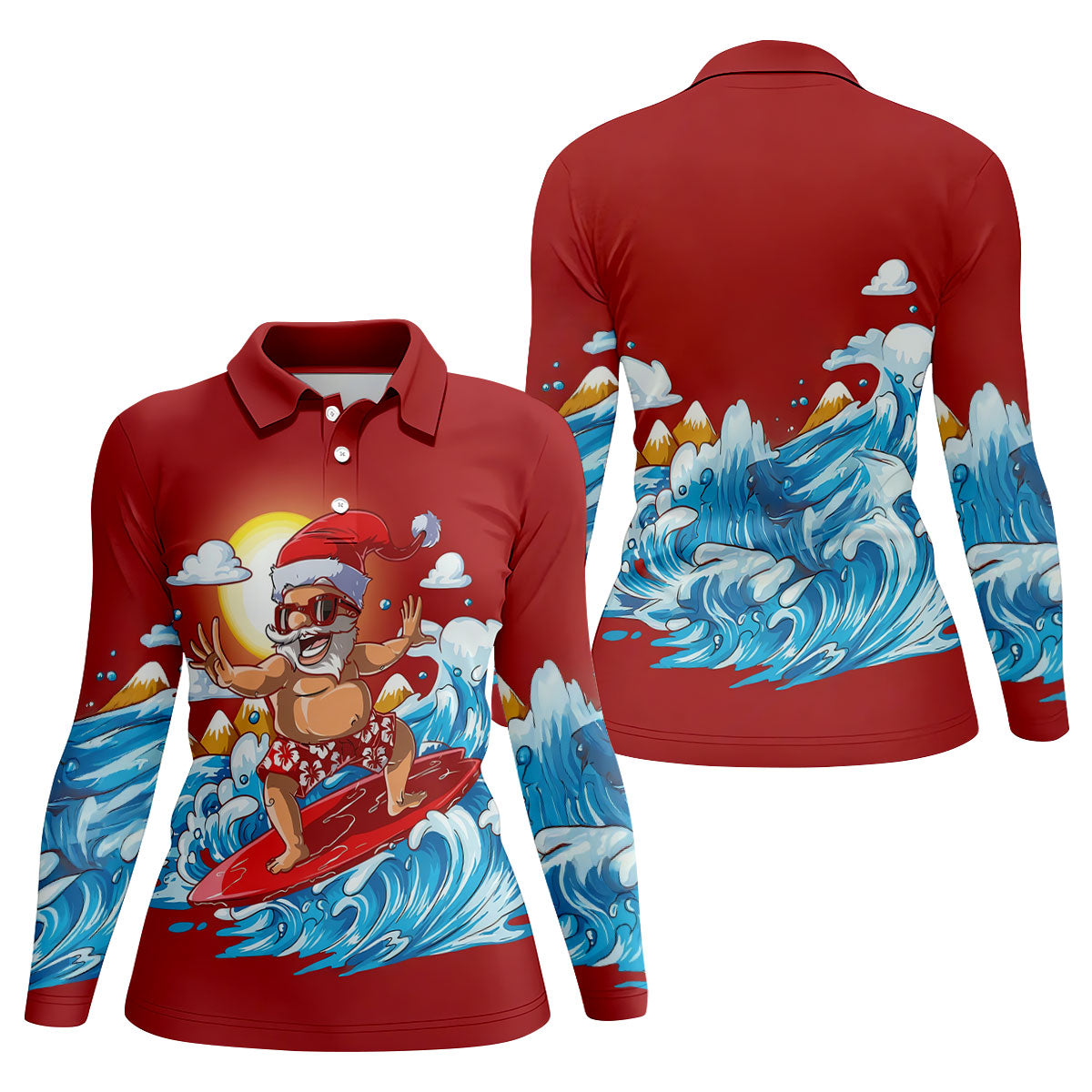 Women's Funny Santa Surfing Golf Shirt, Christmas Golf Shirt, Women’s Golf Apparel