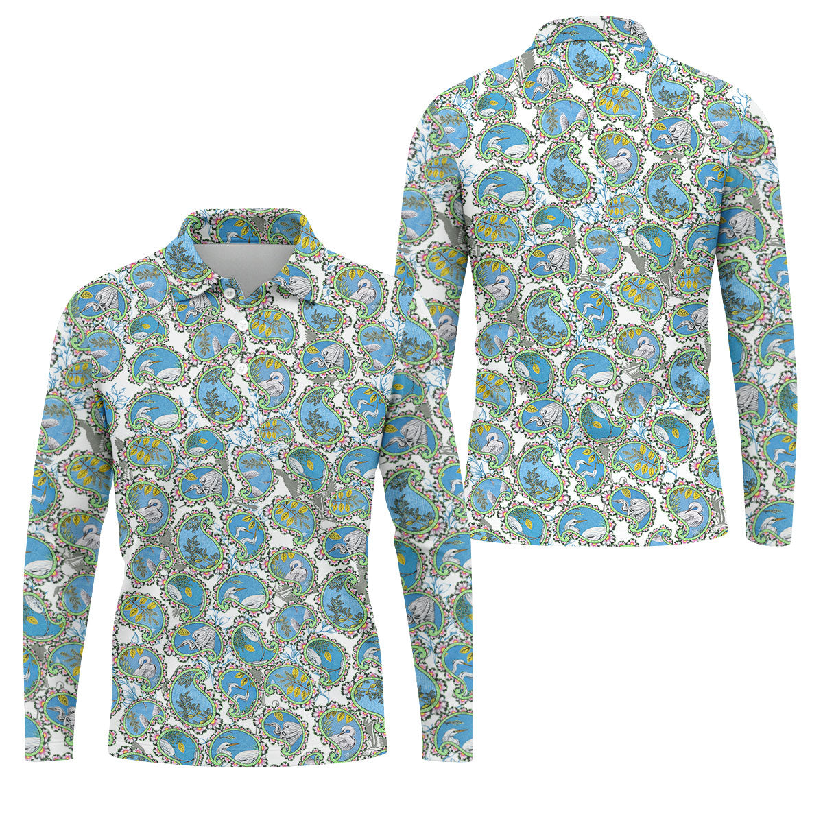Paisley Flowers Heron Painting Print Golf Shirt, Polo Shirts For Men, Golf Shirts For Men