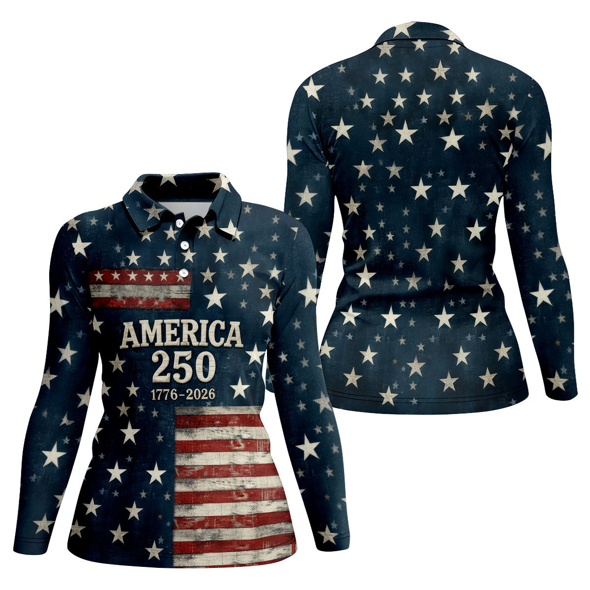 America 250 Distressed Flag 4th Of July Golf Shirt, Stars And Stripes Vintage Patriot Golf Shirt For Women