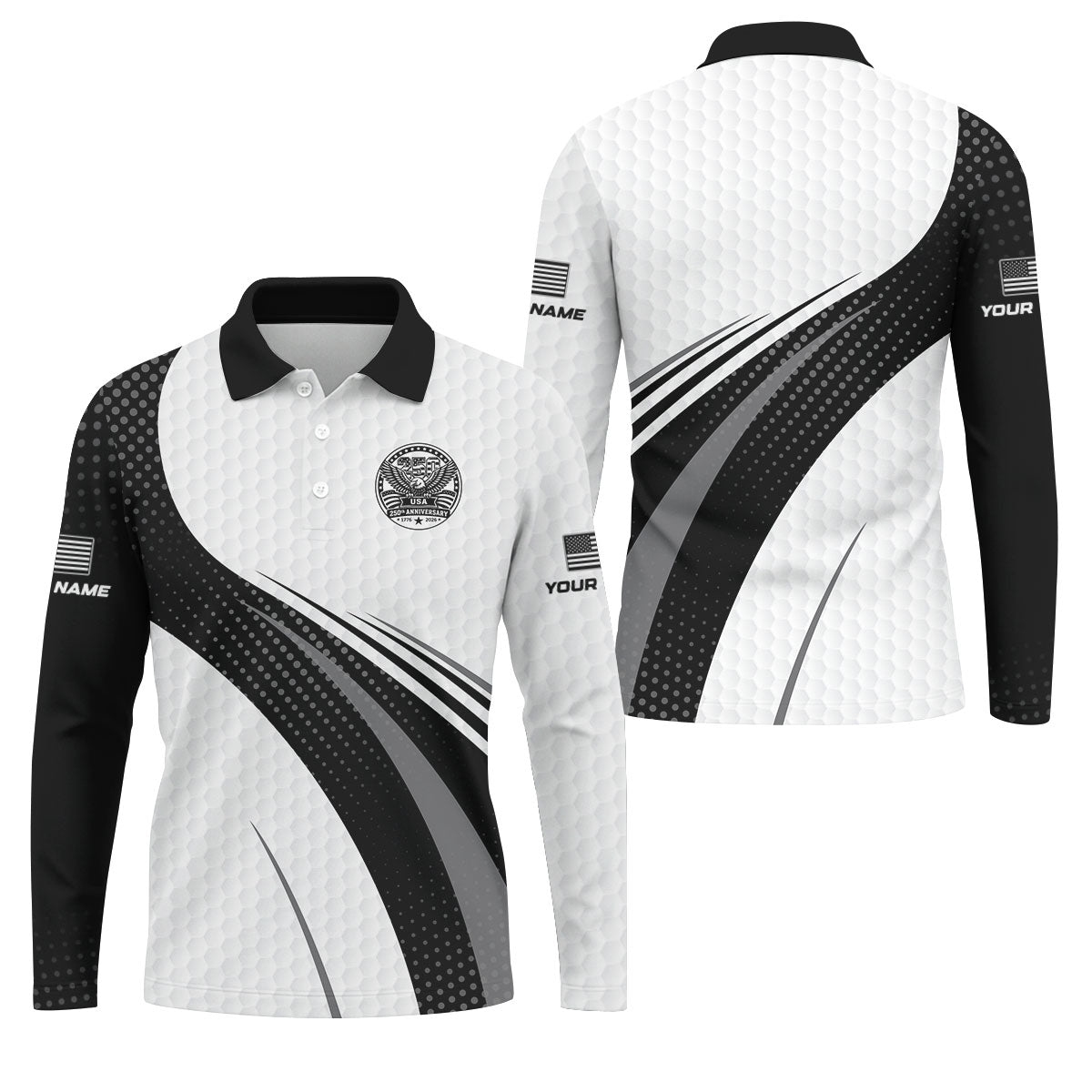 USA 250th Anniversary Black And White Golf Ball Pattern Golf Tops For Men, Patriotic Golf Shirts For Men