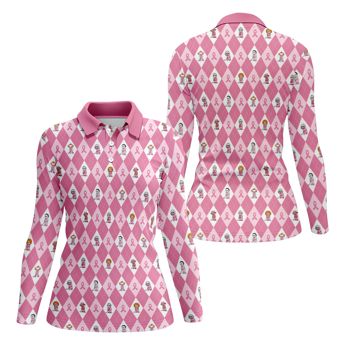 Pink Argyle Horror Character Breast Cancer Polo Shirt, Women's Golf Polo, Golf Tops For Women