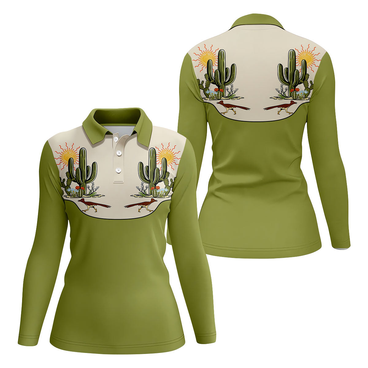 Desert Cactus Roadrunner Golf Polo Shirt, Ladies Golf Tops, Women's Golf Apparel