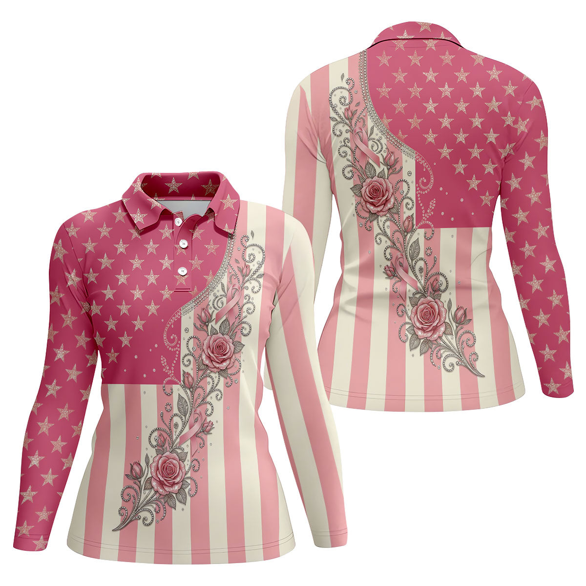 Pink Stars Stripes Rose Breast Cancer Polo Shirt, Women’s Golf Polo, Ladies Golf Shirts