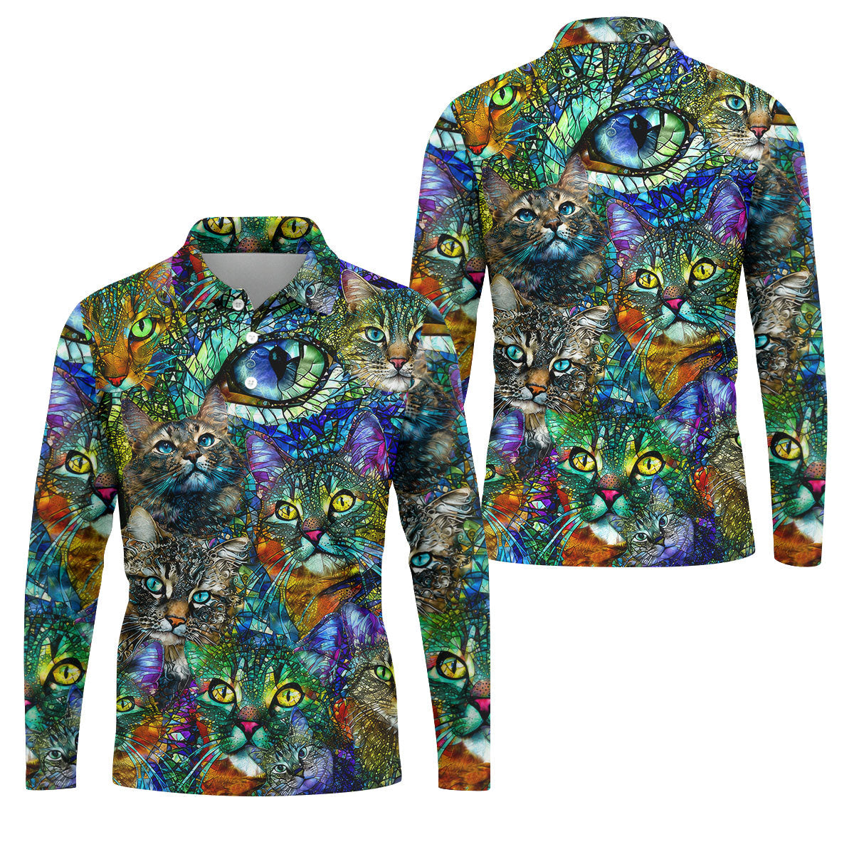 Colorful Stained Glass Cat Art Golf Polo Shirt, Men's Golf Shirt, Golf Polo Shirts For Men