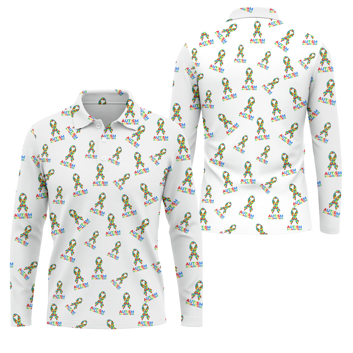 Autism Awareness Colors Autism Ribbon White Golf Shirt, Golf Tops For Men, Golf Shirts For Men