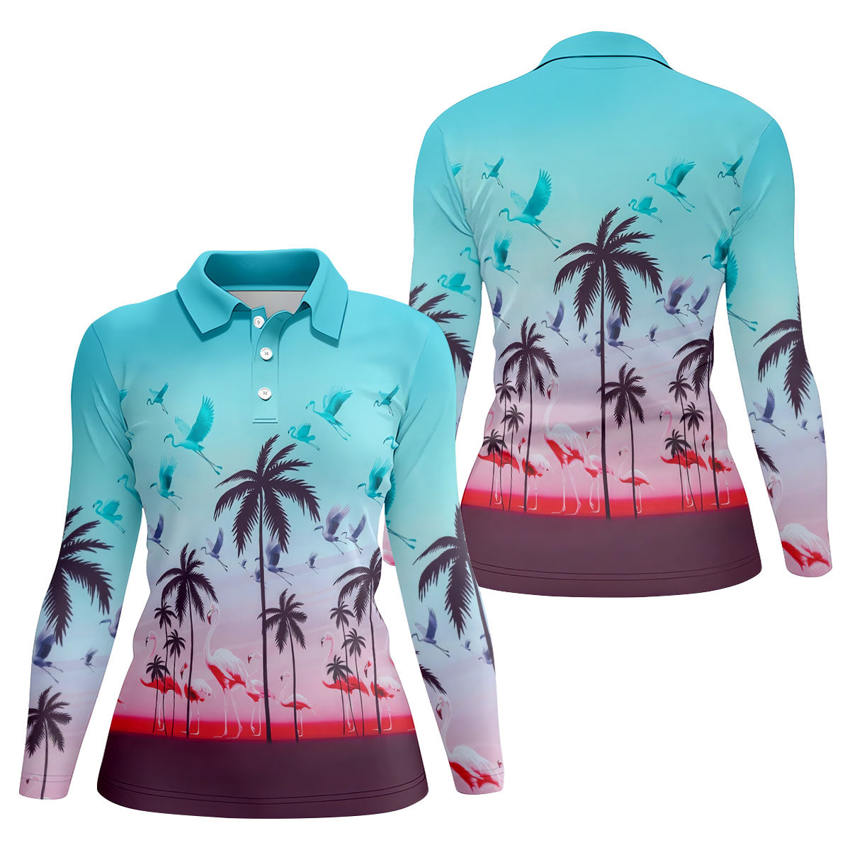 Tropical Flamingo Sunset Hawaiian Golf Shirt, Women's Golf Apparel, Golf Shirts For Women