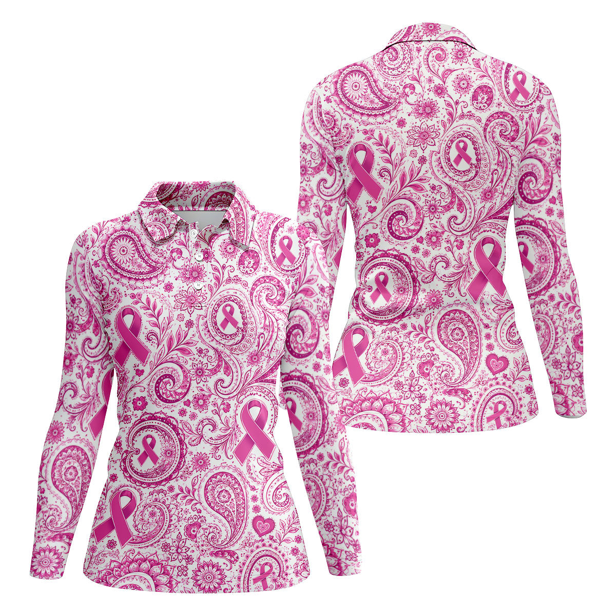 Pink Ribbon Paisley Breast Cancer Golf Polo Shirt, Women’s Golf Apparel, Ladies Golf Top