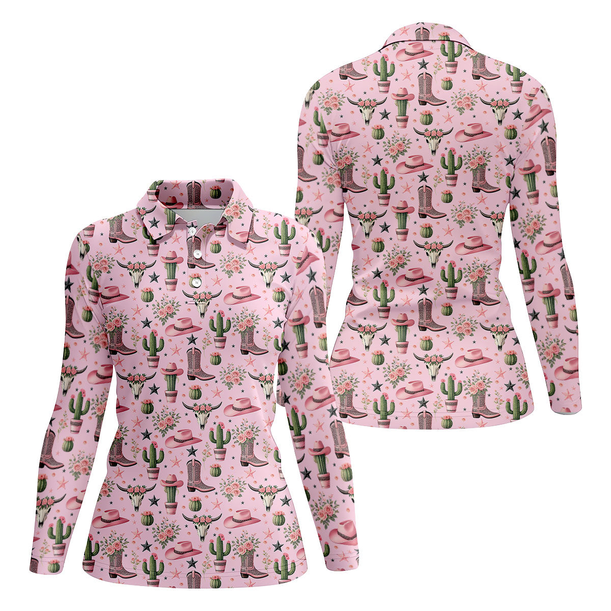 Pink Western Boots Roses Cactus Pattern Hawaiian Golf Shirt, Printed Golf Shirt, Women’s Golf Apparel