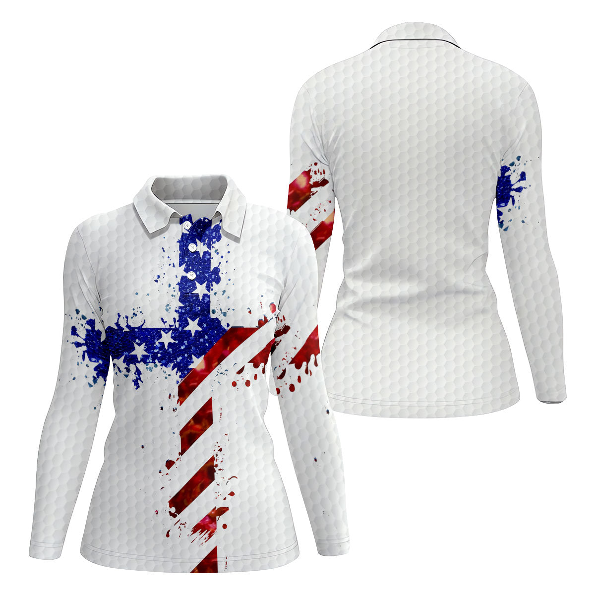Red White Blue Paint Splash Faith Cross Patriotic Golf Shirt, 250 Years 4th Of July Golf Shirt For Women