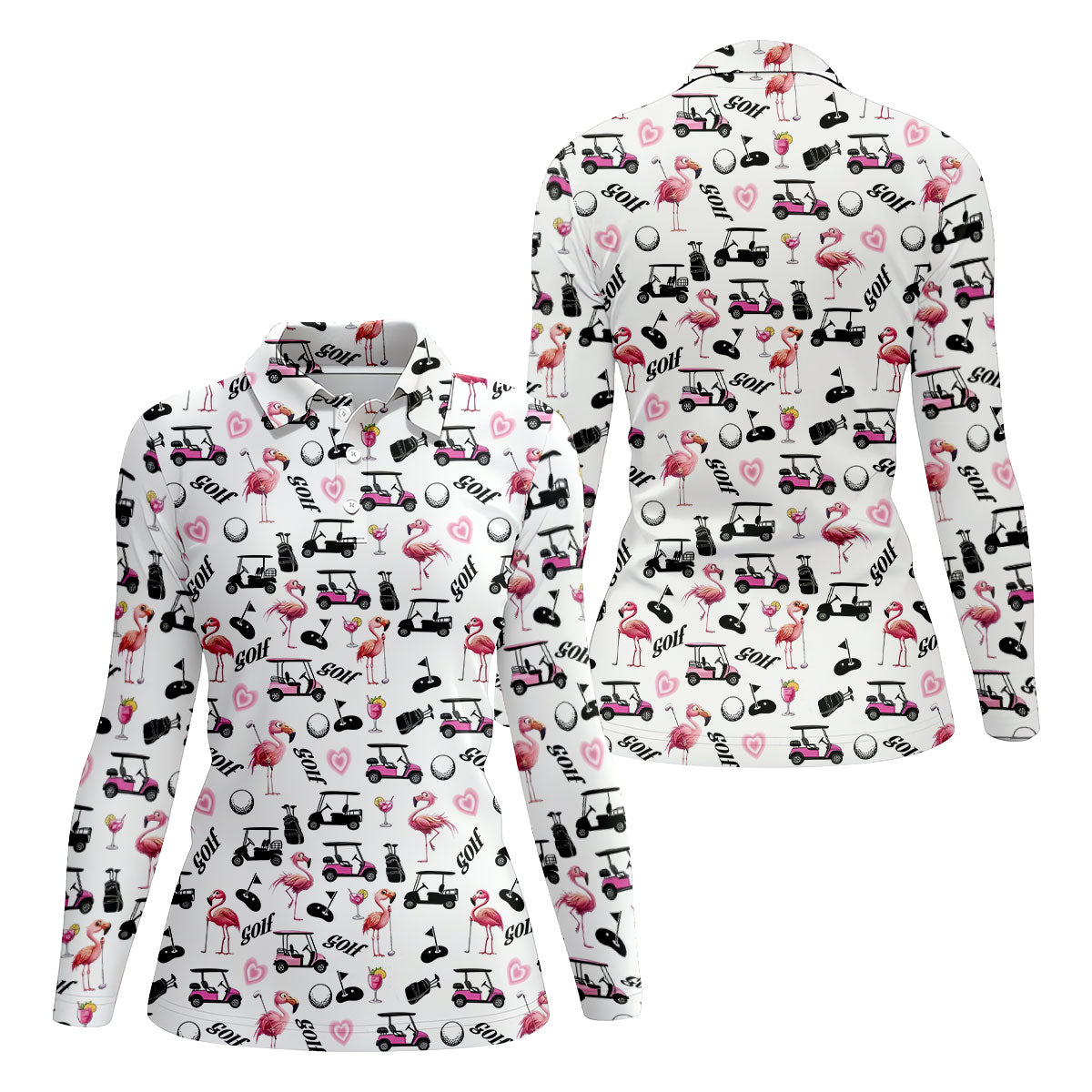 Pink Flamingo Golf Cart Martini Hawaiian Golf Shirt, Women’s Golf Polo, Ladies Golf Shirts
