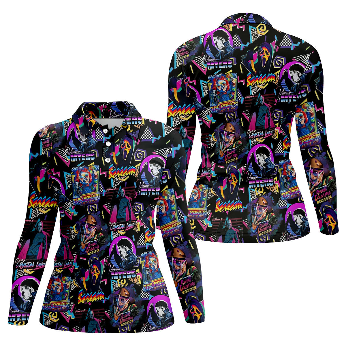 Retro Halloween Horror Character Hawaiian Golf Shirt, Women's Golf Tops, Golf Shirts For Women