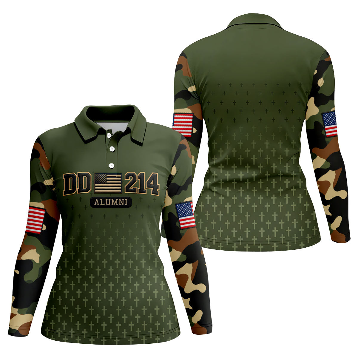 DD-214 Alumni Flag Cross Camo Polo Shirt, Veterans Day Shirt, Golf Tops For Women