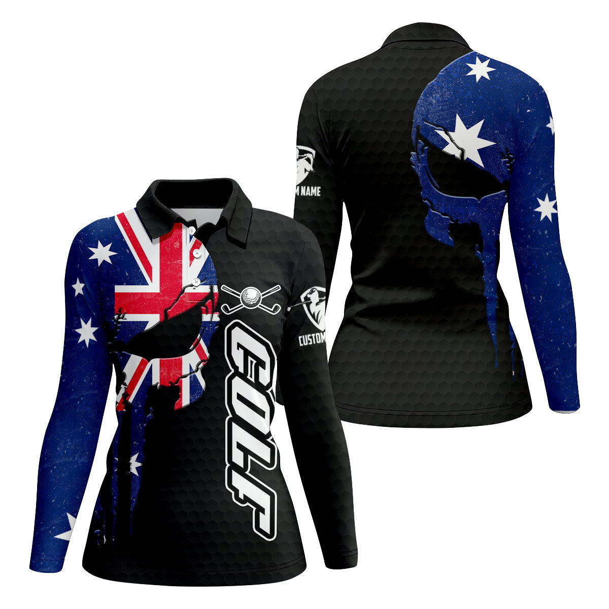 Cool Skull Golf Ball Pattern Australia Flag Print Black Golf Shirt, Golf Shirt For Women
