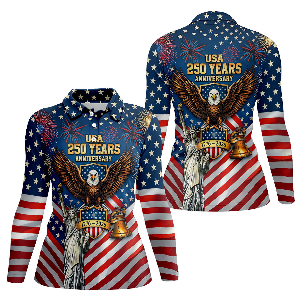 USA 250 Years Stars And Stripes Bald Eagle Golf Shirt, Patriotic 4th Of July Golf Shirt For Women