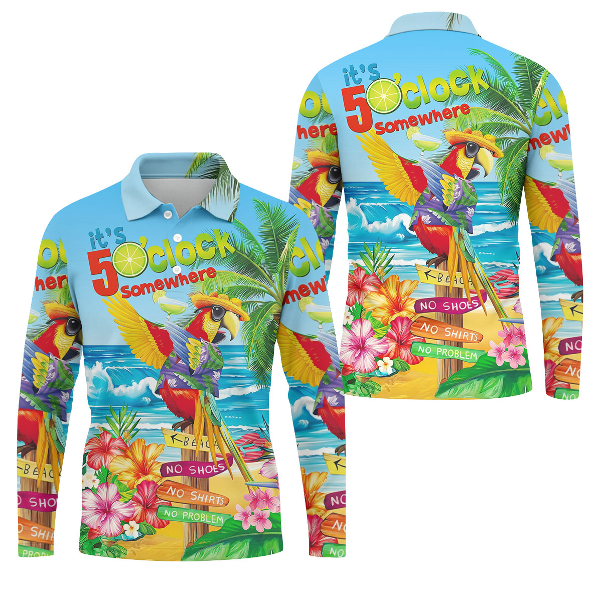 It's 5 O'Clock Somewhere Tropical Parrot Hawaiian Golf Shirt, Men's Funny Golf Shirts