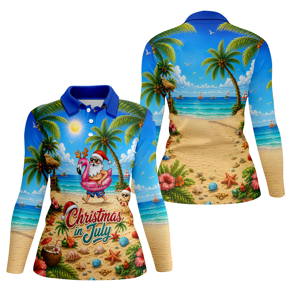 Santa Christmas In July Beach Golf Shirt, Christmas Golf Shirt, Women’s Golf Polo