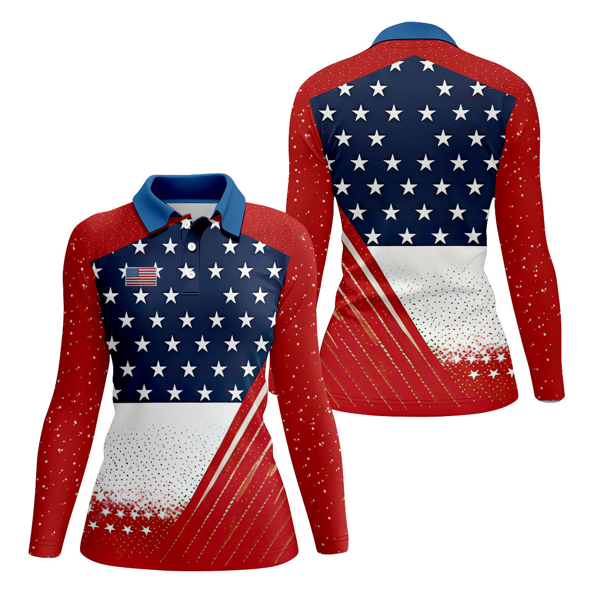 White Star Patriotic 4th Of July American Flag Golf Polo Shirt, Patriotic Golf Shirt, Golf Shirts For Women