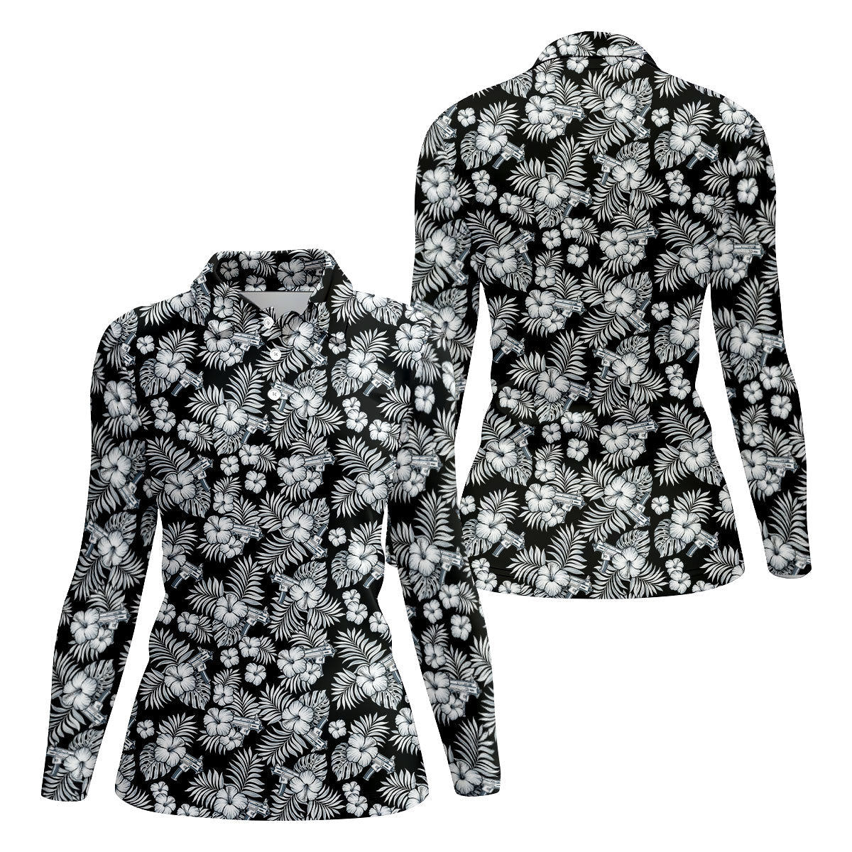 Black And White Pattern Tropical Hawaiian Golf Shirt, Summer Theme Golf Shirt For Women