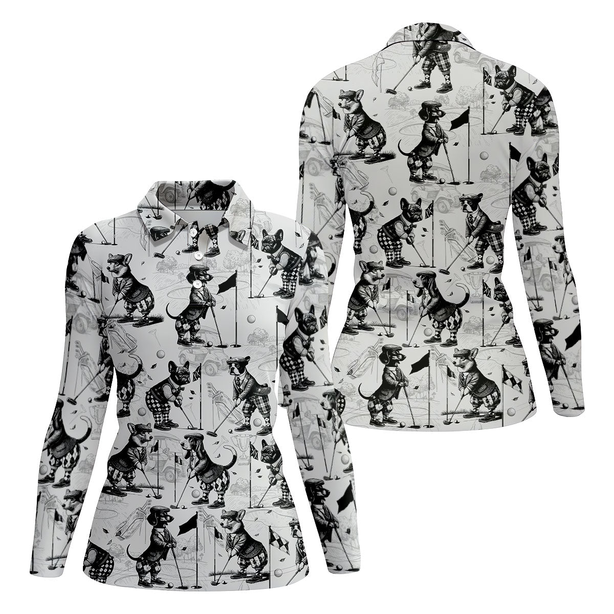Vintage Golfing Dogs Pattern Golf Polo Shirt, Women’s Golf Polo, Golf Tops For Women
