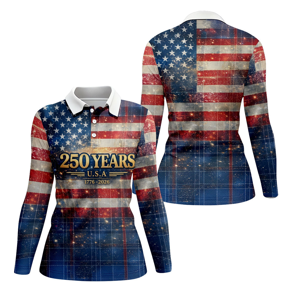 250 Years USA Galaxy Overlay Checkered Patriotic Golf Shirt, 4th Of July Golf Shirt For Women