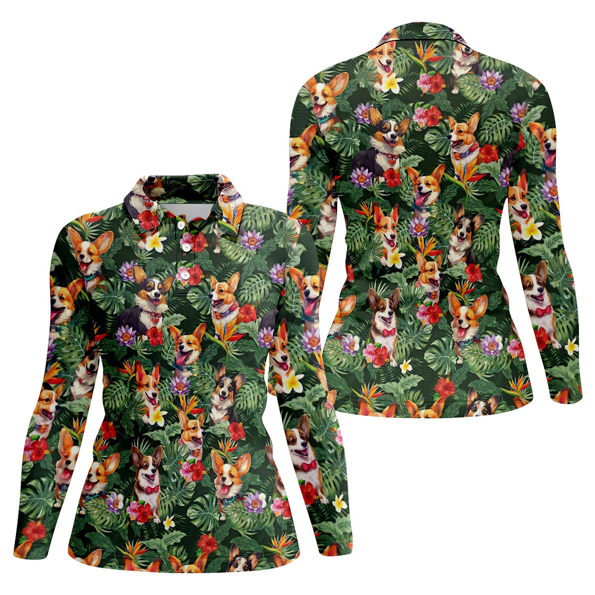 Tropical Corgi Dog Hawaiian Golf Polo Shirt, Golf Shirts For Women, Women's Golf Apparel