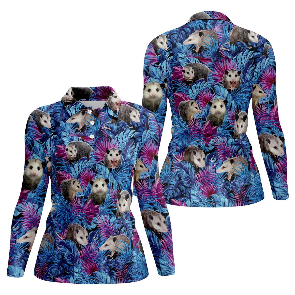 Funny Opossum Blue Purple Hawaiian Golf Shirt, Tropical Theme Golf Shirt For Women