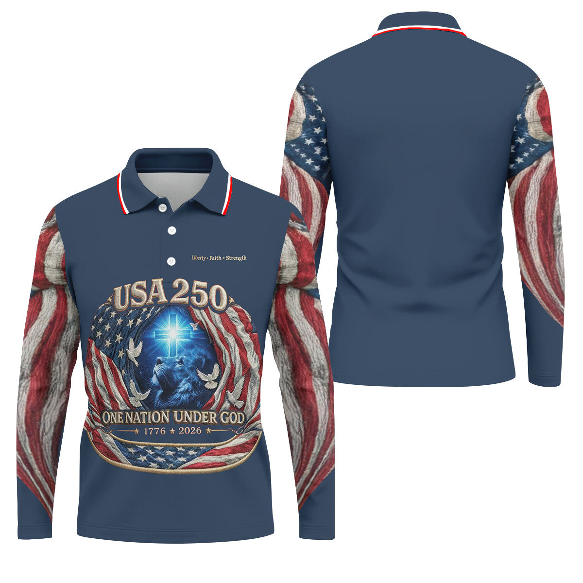 One Nation Under God Faith Cross USA 250 Navy Golf Shirt, 4th Of July Golf Shirts For Men