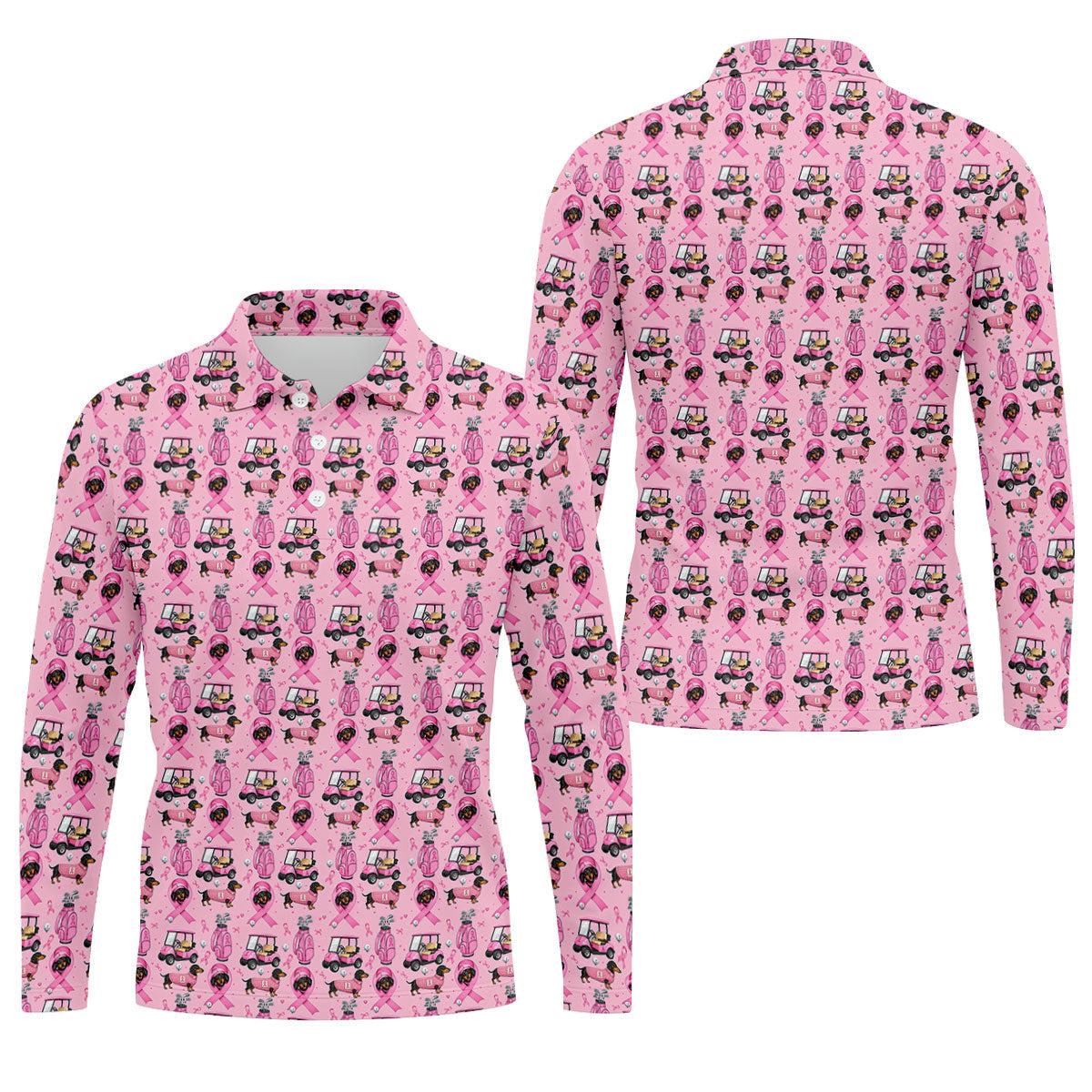 Cute Dog Golf Cart Breast Cancer Ribbon Polo Shirt, Men's Golf Shirt, Mens Golf Apparel