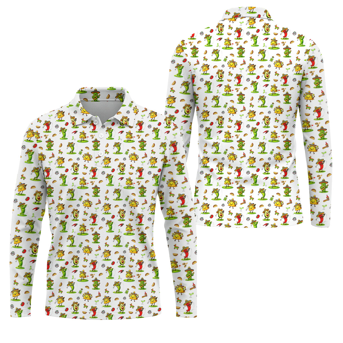 Mexican Cartoon Food Characters Cinco De Mayo Celebration Fiesta Themed White Golf Shirts For Men
